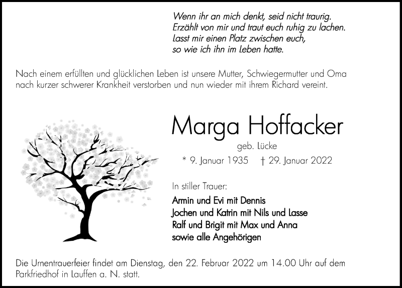  Traueranzeige für Marga Hoffacker vom 12.02.2022 aus GESAMT
