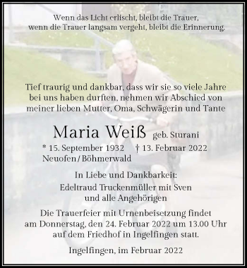Traueranzeige von Maria Weiß von GESAMT