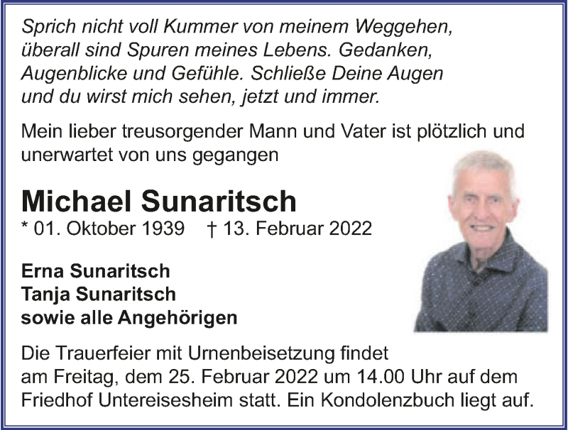  Traueranzeige für Michael Sunaritsch vom 19.02.2022 aus GESAMT