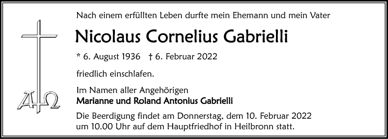  Traueranzeige für Nicolaus Cornelius Gabrielli vom 09.02.2022 aus GESAMT