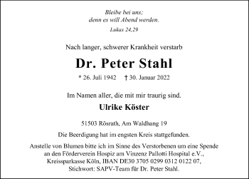 Traueranzeige von Peter Stahl von GESAMT