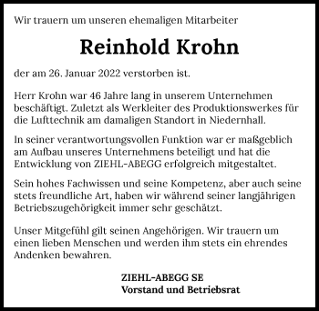 Traueranzeige von Reinhold Krohn von GESAMT
