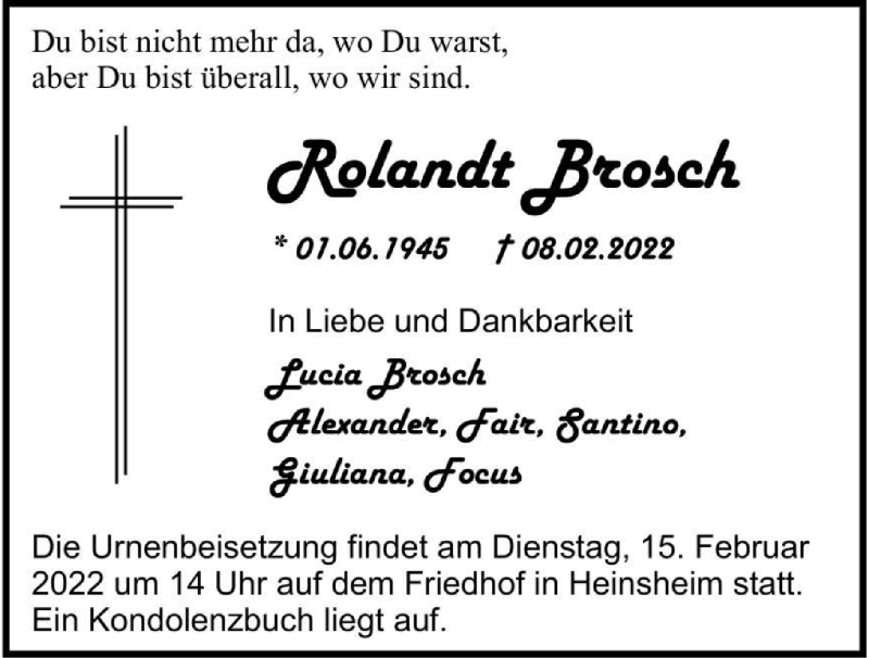  Traueranzeige für Rolandt Brosch vom 12.02.2022 aus GESAMT