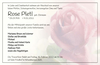 Traueranzeige von Rose Pletl von GESAMT