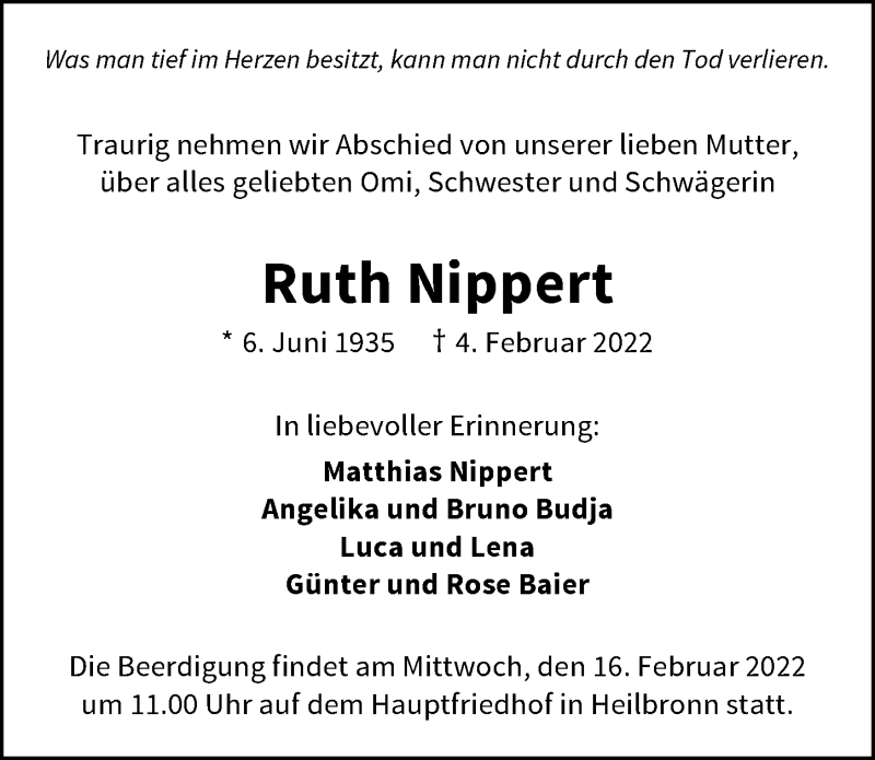  Traueranzeige für Ruth Nippert vom 12.02.2022 aus GESAMT