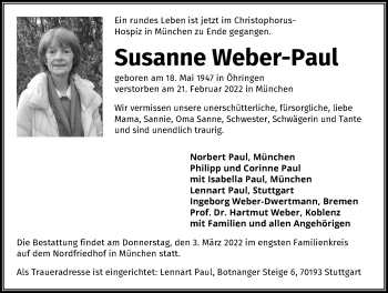 Traueranzeige von Susanne Weber-Paul von GESAMT