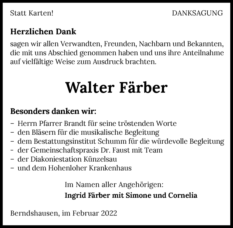  Traueranzeige für Walter Färber vom 21.02.2022 aus GESAMT