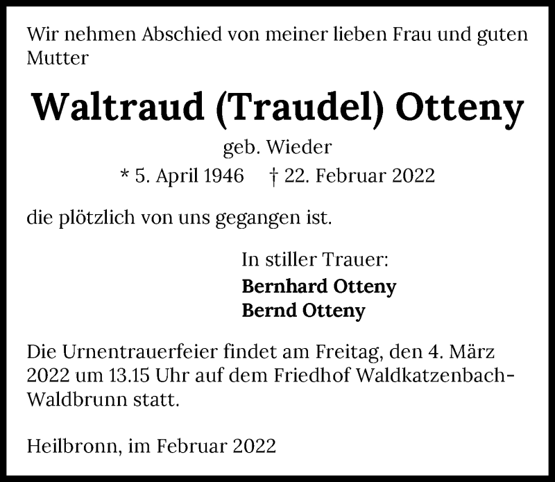  Traueranzeige für Waltraud Otteny vom 01.03.2022 aus GESAMT