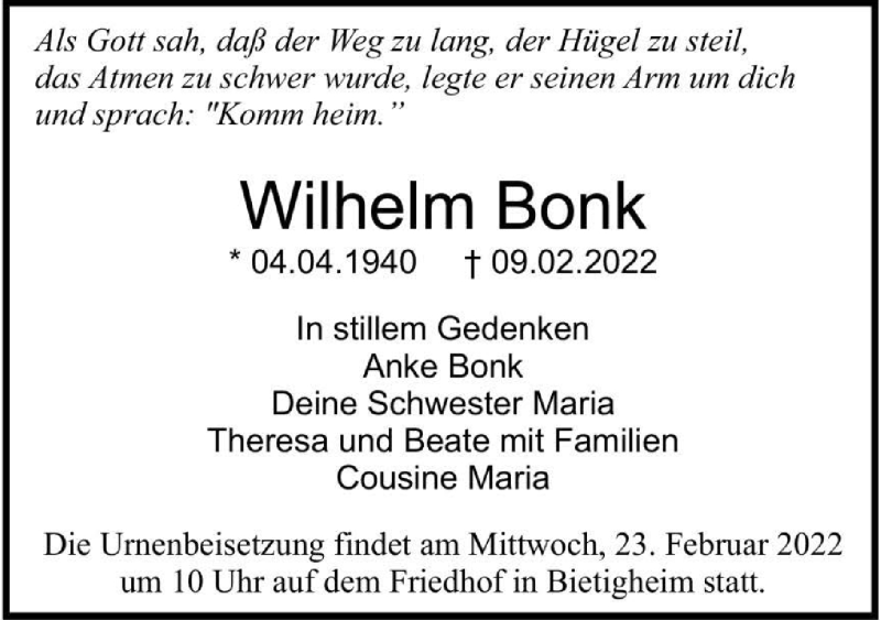  Traueranzeige für Wilhelm Bonk vom 19.02.2022 aus GESAMT