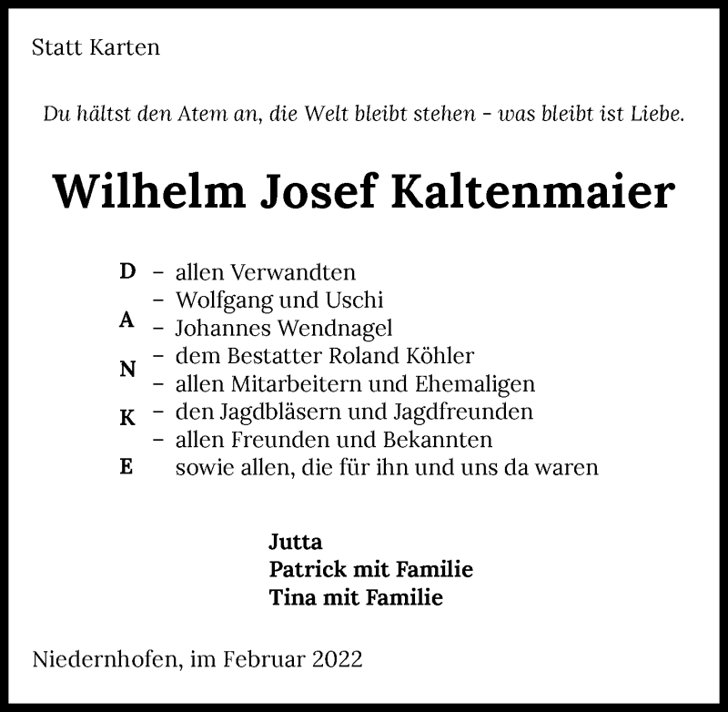  Traueranzeige für Wilhelm Josef Kaltenmaier vom 03.02.2022 aus GESAMT