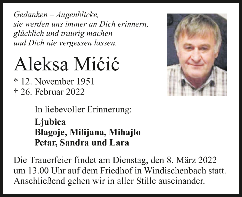  Traueranzeige für Aleksa Micic vom 08.03.2022 aus GESAMT