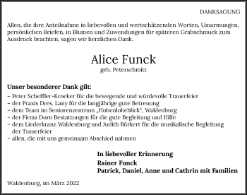 Traueranzeige von Alice Funck von GESAMT