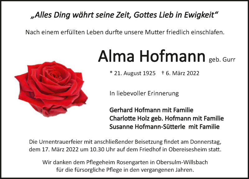  Traueranzeige für Alma Hofmann vom 12.03.2022 aus GESAMT