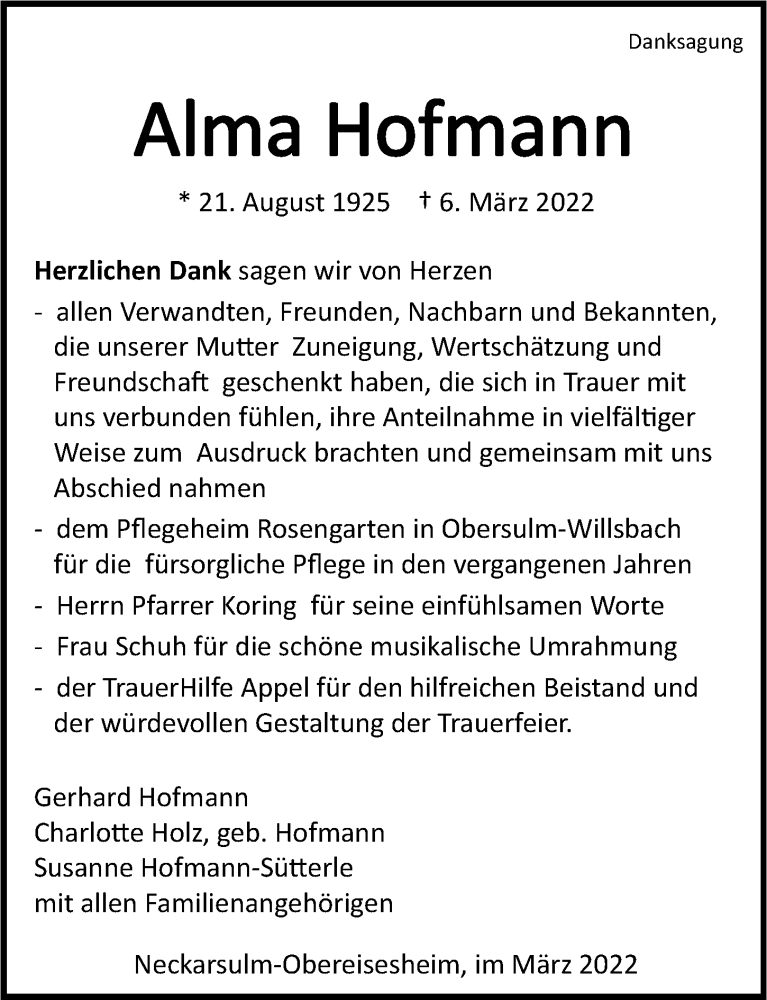  Traueranzeige für Alma Hofmann vom 26.03.2022 aus GESAMT