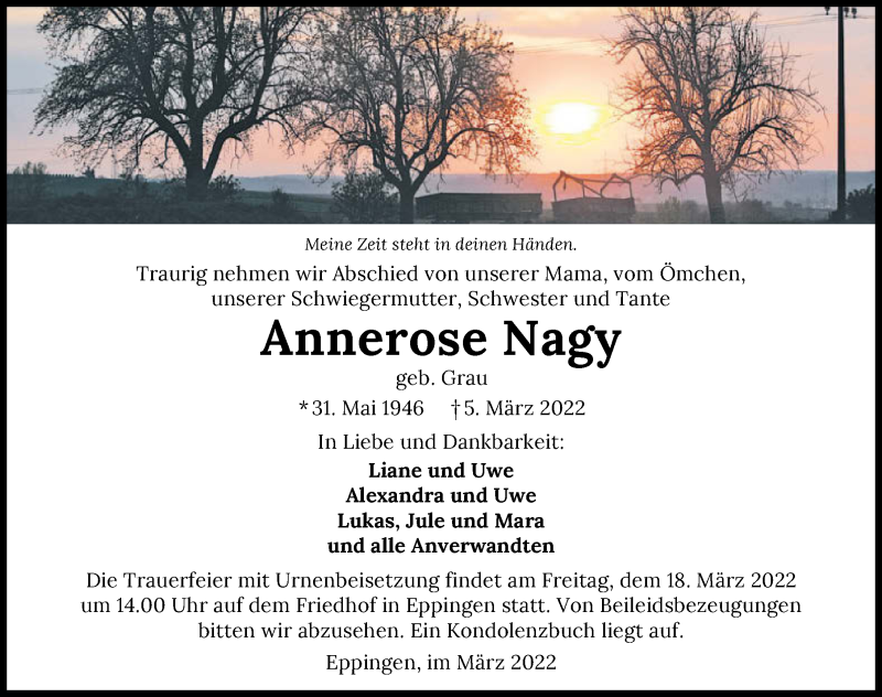  Traueranzeige für Annerose Nagy vom 16.03.2022 aus GESAMT