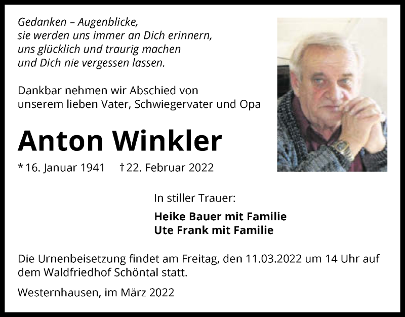  Traueranzeige für Anton Winkler vom 07.03.2022 aus GESAMT