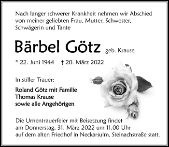 Traueranzeige von Bärbel Götz von GESAMT