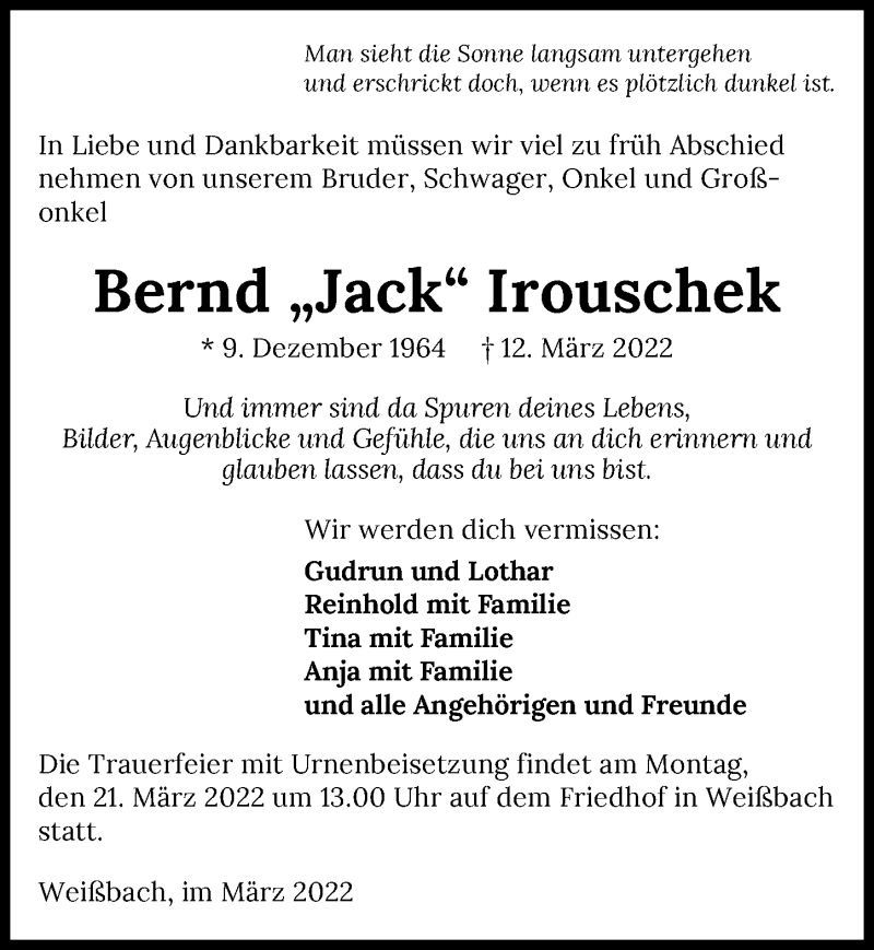  Traueranzeige für Bernd Irouschek vom 17.03.2022 aus GESAMT