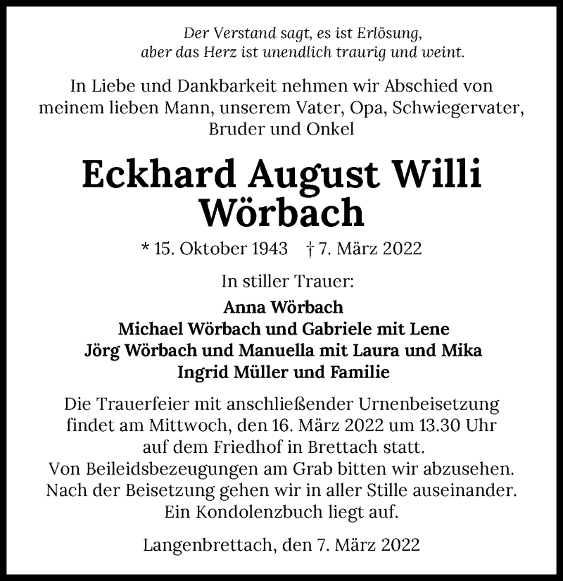  Traueranzeige für Eckhard  Wörbach vom 12.03.2022 aus GESAMT