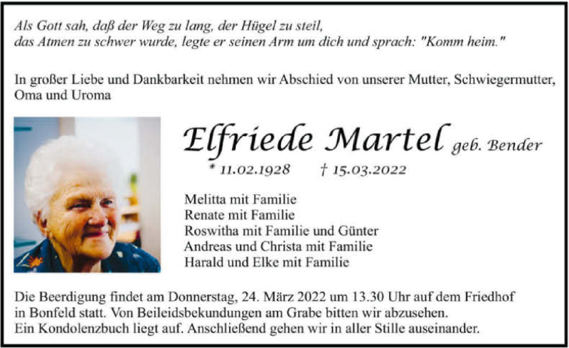  Traueranzeige für Elfriede Martel vom 19.03.2022 aus GESAMT