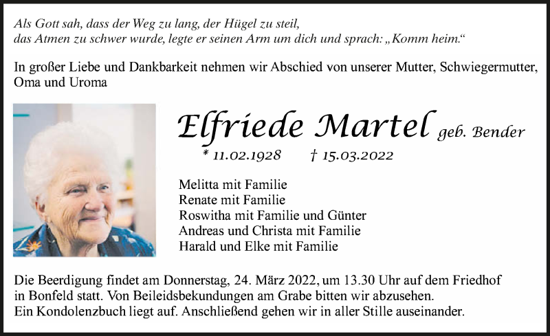  Traueranzeige für Elfriede Martel vom 22.03.2022 aus GESAMT