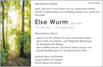Traueranzeige von Else Wurm von GESAMT