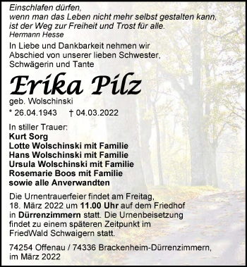 Traueranzeige von Erika Pilz von GESAMT