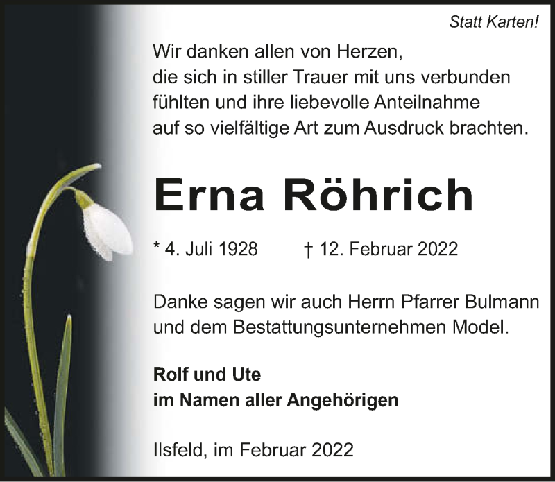  Traueranzeige für Erna Röhrich vom 26.02.2022 aus GESAMT