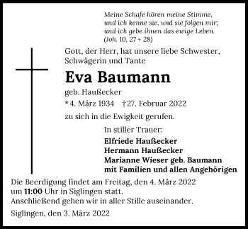 Traueranzeige von Eva Baumann von GESAMT