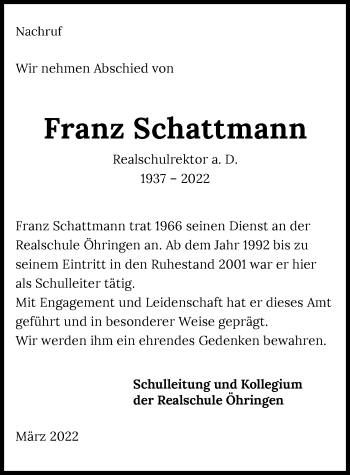Traueranzeige von Franz Schattmann von GESAMT