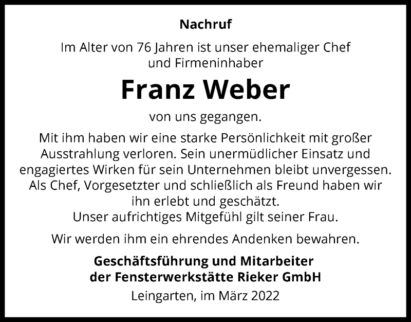  Traueranzeige für Franz Weber vom 18.03.2022 aus GESAMT