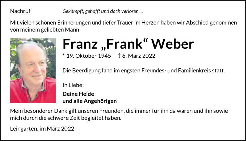  Traueranzeige für Franz Weber vom 18.03.2022 aus GESAMT