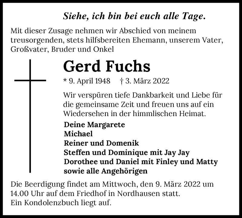  Traueranzeige für Gerd Fuchs vom 08.03.2022 aus GESAMT
