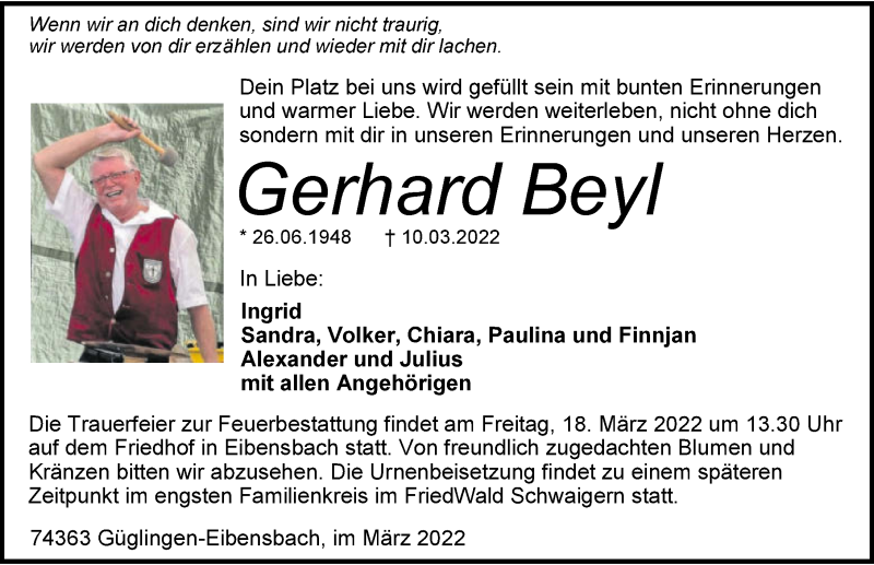  Traueranzeige für Gerhard Beyl vom 15.03.2022 aus GESAMT