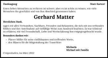 Traueranzeige von Gerhard Matter von GESAMT