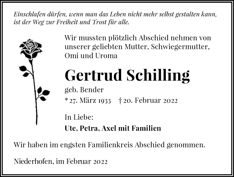  Traueranzeige für Gertrud Schilling vom 26.02.2022 aus GESAMT