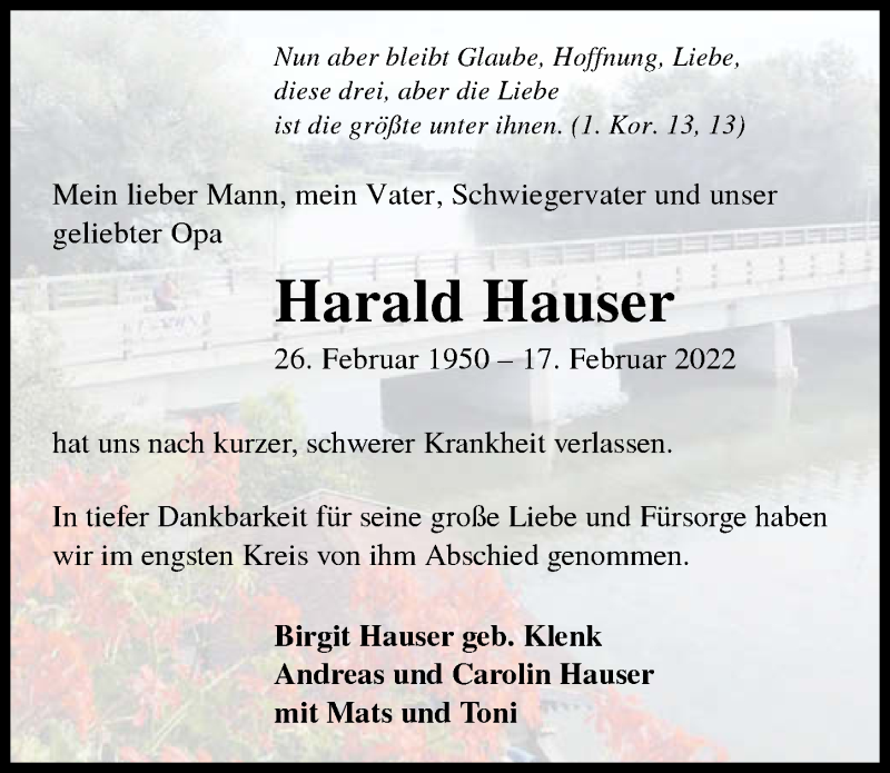  Traueranzeige für Harald Hauser vom 02.03.2022 aus GESAMT