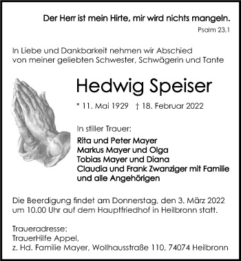 Traueranzeige von Hedwig Speiser von GESAMT