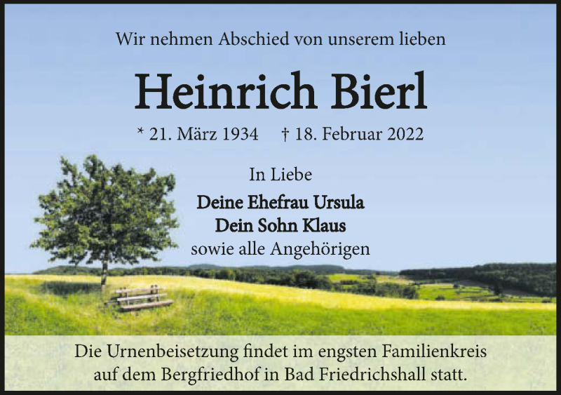  Traueranzeige für Heinrich Bierl vom 26.02.2022 aus GESAMT
