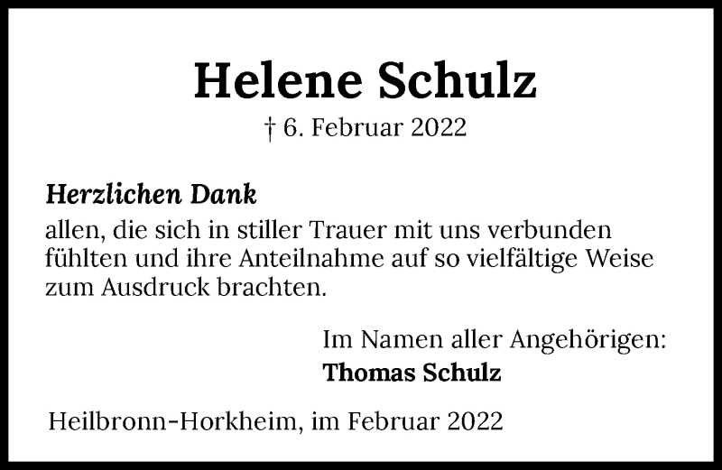  Traueranzeige für Helene Schulz vom 26.02.2022 aus GESAMT