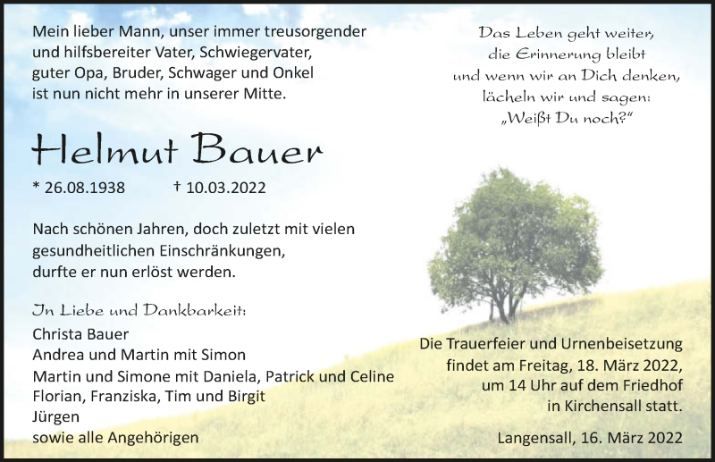  Traueranzeige für Helmut Bauer vom 16.03.2022 aus GESAMT