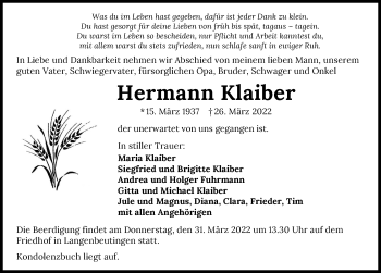 Traueranzeige von Hermann Klaiber von GESAMT