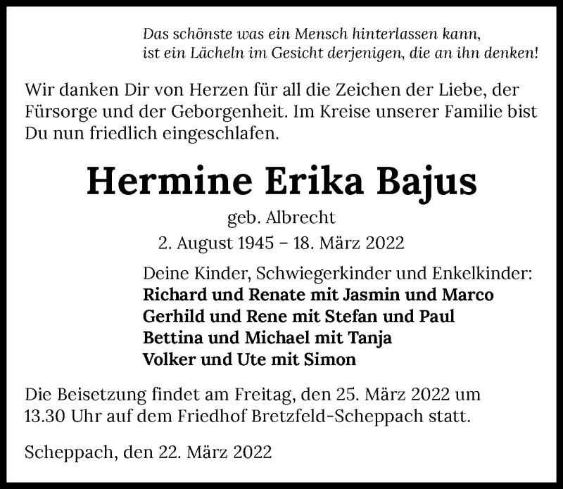  Traueranzeige für Hermine Erika Bajus vom 22.03.2022 aus GESAMT