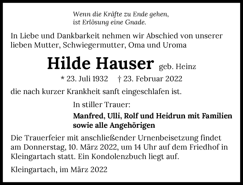  Traueranzeige für Hilde Hauser vom 08.03.2022 aus GESAMT