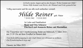 Traueranzeige von Hilde Reiner von GESAMT