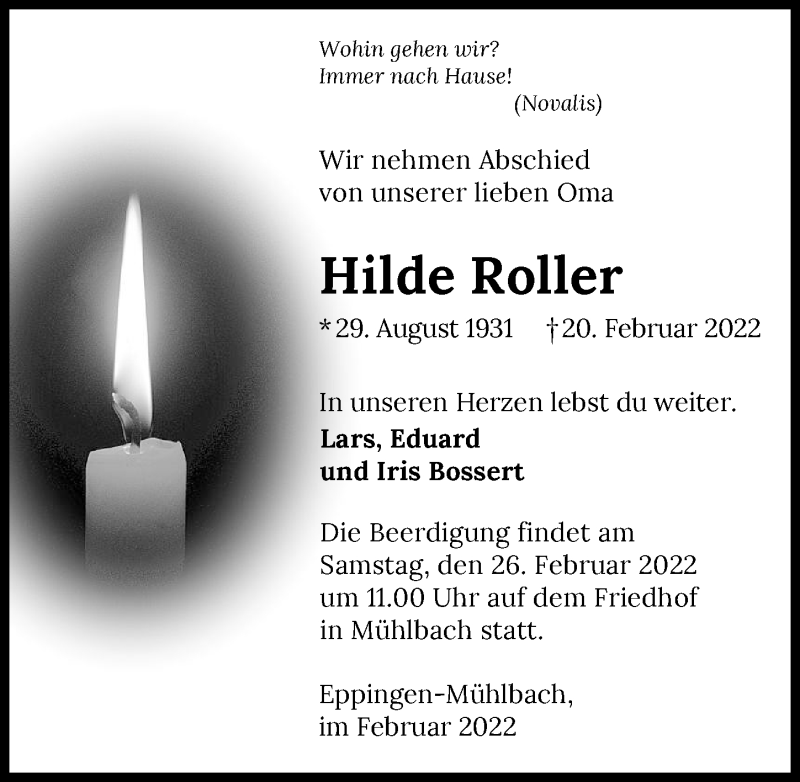  Traueranzeige für Hilde Roller vom 25.02.2022 aus GESAMT