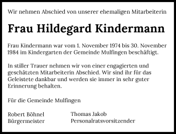 Traueranzeige von Hildegard Kindermann von GESAMT