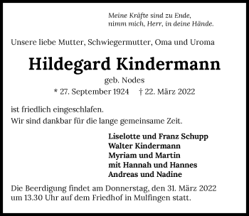 Traueranzeige von Hildegard Kindermann von GESAMT