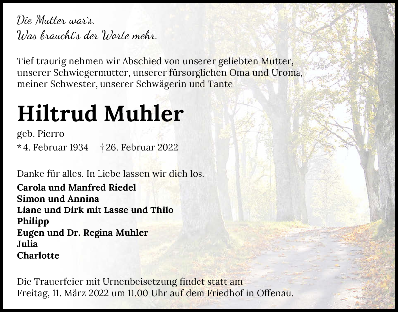  Traueranzeige für Hiltrud Muhler vom 05.03.2022 aus GESAMT