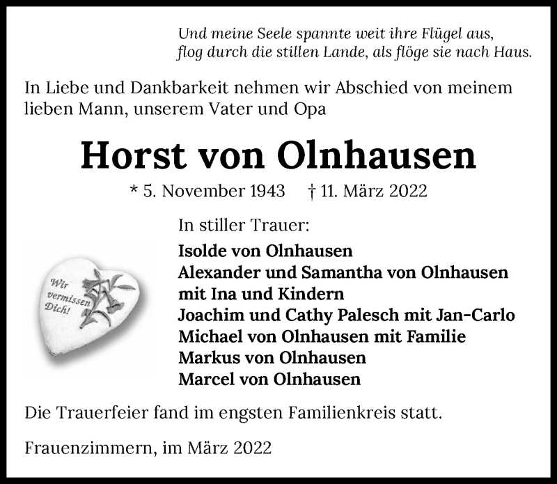  Traueranzeige für Horst von Olnhausen vom 22.03.2022 aus GESAMT